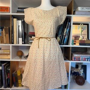 Floral Cap-Sleeve Cotton Day Dress in Cream with Pink Accents